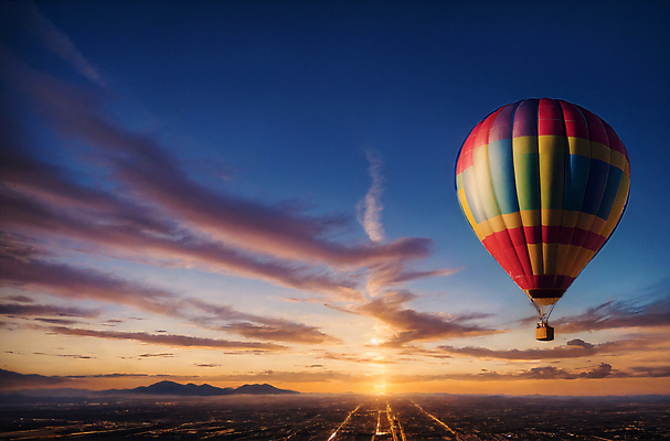 JPG 주간 편집이미지 하늘 풍경 사람없음 야외 일몰 열기구 비행 디지털합성 풍선 편집소스 편집실사 AI포토 AI콘텐츠 자연요소 항공교통 노을 CG 파일형식