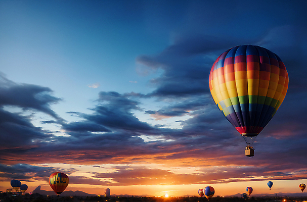 JPG 주간 편집이미지 하늘 풍경 사람없음 야외 일몰 열기구 비행 디지털합성 풍선 편집소스 편집실사 AI포토 AI콘텐츠 자연요소 항공교통 노을 CG 파일형식