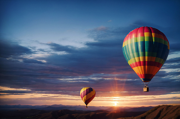 JPG 주간 편집이미지 하늘 풍경 사람없음 야외 일몰 열기구 비행 디지털합성 풍선 편집소스 편집실사 AI포토 AI콘텐츠 자연요소 항공교통 노을 CG 파일형식