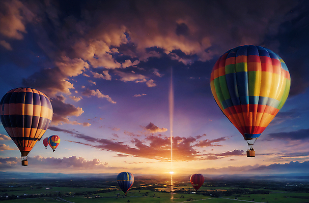 JPG 주간 편집이미지 하늘 풍경 사람없음 야외 일몰 열기구 비행 디지털합성 풍선 편집소스 편집실사 AI포토 AI콘텐츠 자연요소 항공교통 노을 CG 파일형식