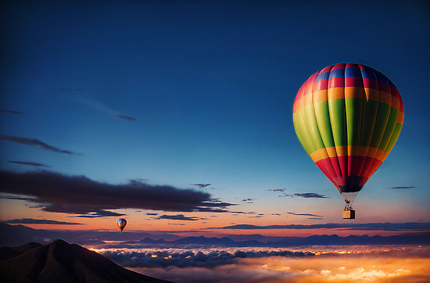 JPG 주간 편집이미지 하늘 풍경 사람없음 야외 일몰 열기구 비행 디지털합성 풍선 편집소스 편집실사 AI포토 AI콘텐츠 자연요소 항공교통 노을 CG 파일형식