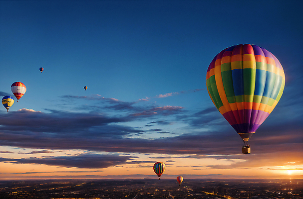 JPG 주간 편집이미지 하늘 풍경 사람없음 야외 일몰 열기구 비행 디지털합성 풍선 편집소스 편집실사 AI포토 AI콘텐츠 자연요소 항공교통 노을 CG 파일형식