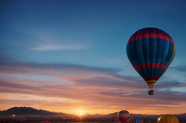 JPG 주간 편집이미지 하늘 산 풍경 사람없음 야외 햇빛 일몰 열기구 비행 디지털합성 풍선 편집소스 편집실사 AI포토 AI콘텐츠 자연요소 항공교통 태양 노을 CG 파일형식
