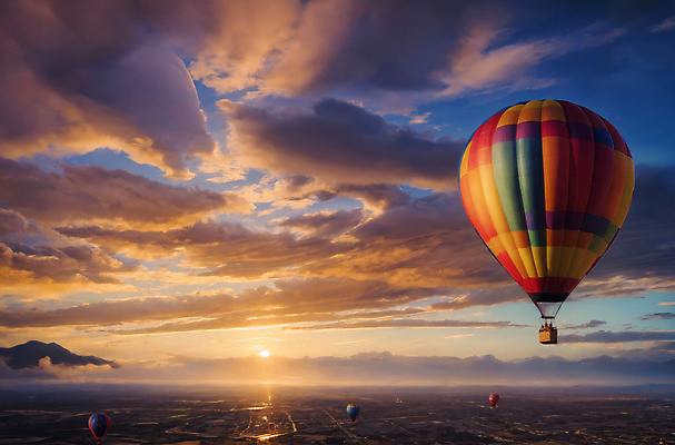 JPG 주간 편집이미지 하늘 풍경 사람없음 야외 일몰 열기구 비행 디지털합성 풍선 편집소스 편집실사 AI포토 AI콘텐츠 자연요소 항공교통 노을 CG 파일형식