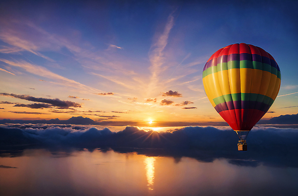JPG 주간 편집이미지 바다 하늘 풍경 사람없음 야외 햇빛 반사 일몰 열기구 비행 디지털합성 풍선 편집소스 편집실사 AI포토 AI콘텐츠 자연요소 항공교통 태양 노을 CG 파일형식
