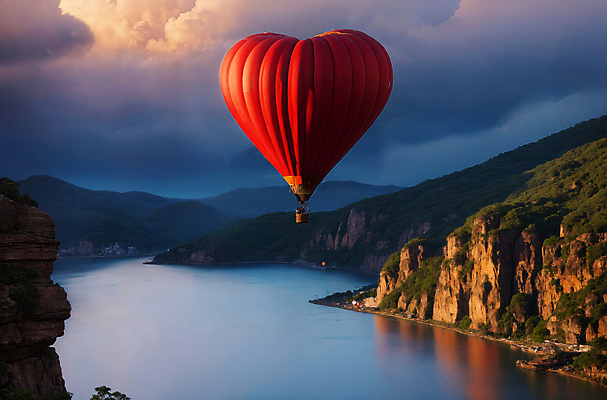 JPG 주간 편집이미지 호수 하늘 산 풍경 사람없음 야외 강 일몰 열기구 하트 비행 디지털합성 풍선 편집소스 편집실사 AI포토 AI콘텐츠 자연요소 모양 항공교통 노을 CG 파일형식