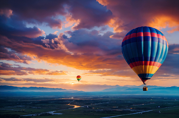 JPG 주간 편집이미지 하늘 산 풍경 사람없음 야외 일몰 열기구 비행 디지털합성 풍선 편집소스 편집실사 AI포토 AI콘텐츠 자연요소 항공교통 노을 CG 파일형식