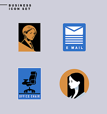 아이콘 디자인 여자 의자 비즈니스 상반신 성인 두명 파란색 세트 노란색 라벨 사각형 비즈니스우먼 원형 이메일 심플 성인여자만 미니멀 2D아이콘 AI파일 도형 컬러 가구 프레임 사람 직장인 여자만 성인만 파일형식 벡터