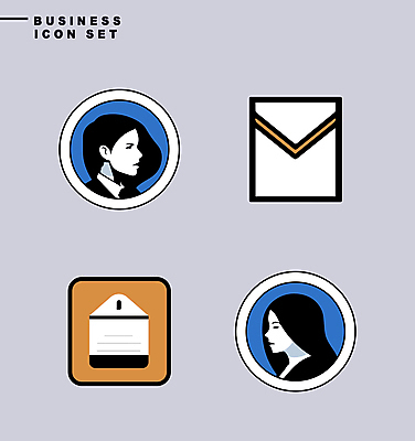 아이콘 디자인 여자 비즈니스 상반신 성인 두명 파란색 세트 노란색 라벨 사각형 비즈니스우먼 원형 이메일 심플 성인여자만 미니멀 2D아이콘 AI파일 도형 컬러 프레임 사람 직장인 여자만 성인만 파일형식 벡터