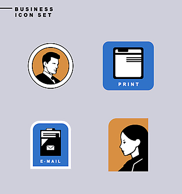 아이콘 디자인 여자 남자 비즈니스 상반신 성인 두명 파란색 세트 노란색 라벨 사각형 비즈니스맨 비즈니스우먼 원형 이메일 인쇄기 심플 성인만 미니멀 2D아이콘 AI파일 도형 컬러 프레임 사람 전자제품 직장인 파일형식 벡터