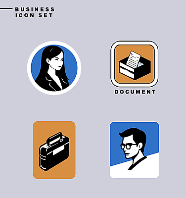 아이콘 디자인 여자 남자 서류가방 비즈니스 상반신 성인 두명 파란색 세트 상자 노란색 라벨 사각형 비즈니스맨 비즈니스우먼 원형 문서 심플 성인만 미니멀 2D아이콘 AI파일 도형 컬러 가방 프레임 사람 직장인 파일형식 벡터
