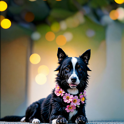 JPG 편집이미지 한마리 반려견 사람없음 야외 장식 개 강아지 디지털합성 보케 꽃목걸이 보더콜리 편집소스 편집실사 AI포토 AI콘텐츠 1 꽃 목걸이 포유류 반려동물 CG 콜리 파일형식
