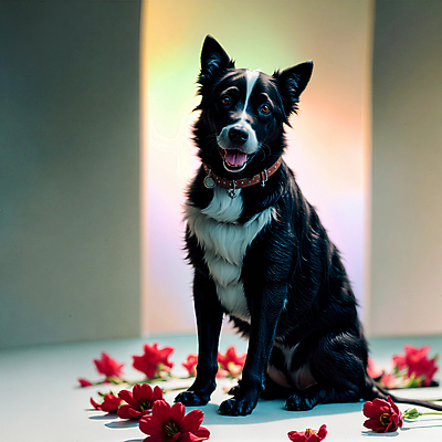 JPG 편집이미지 한마리 응시 꽃 반려견 사람없음 장식 개 강아지 디지털합성 보더콜리 편집소스 편집실사 AI포토 AI콘텐츠 식물 1 시선 포유류 반려동물 CG 콜리 파일형식