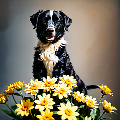 JPG 편집이미지 한마리 꽃 반려견 꽃다발 사람없음 장식 개 강아지 디지털합성 보더콜리 편집소스 편집실사 AI포토 AI콘텐츠 식물 1 포유류 반려동물 CG 콜리 파일형식