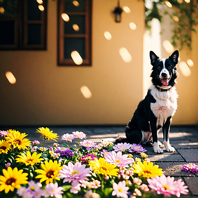 JPG 편집이미지 한마리 꽃 반려견 사람없음 야외 건물 개 강아지 디지털합성 보케 보더콜리 편집소스 편집실사 AI포토 AI콘텐츠 식물 1 건축물 포유류 반려동물 CG 콜리 파일형식
