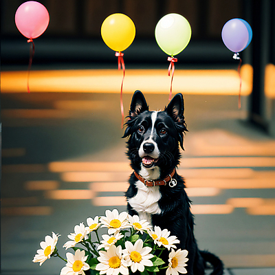 JPG 편집이미지 한마리 꽃 반려견 사람없음 야외 장식 개 강아지 디지털합성 풍선 보더콜리 편집소스 편집실사 AI포토 AI콘텐츠 식물 1 포유류 반려동물 CG 콜리 파일형식