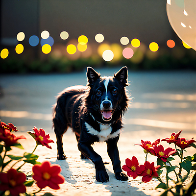 JPG 편집이미지 한마리 꽃 반려견 사람없음 야외 개 강아지 디지털합성 보케 풍선 보더콜리 편집소스 편집실사 AI포토 AI콘텐츠 식물 1 포유류 반려동물 CG 콜리 파일형식