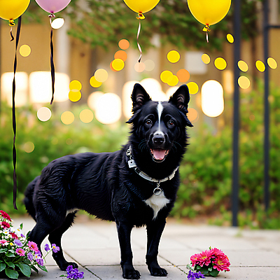 JPG 편집이미지 한마리 꽃 반려견 사람없음 야외 장식 정원 개 강아지 디지털합성 보케 풍선 보더콜리 편집소스 편집실사 AI포토 AI콘텐츠 식물 1 포유류 반려동물 CG 콜리 파일형식