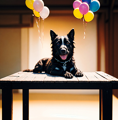JPG 편집이미지 한마리 반려견 탁자 앉기 사람없음 장식 개 강아지 디지털합성 풍선 보더콜리 편집소스 편집실사 AI포토 AI콘텐츠 1 가구 포유류 모션 반려동물 CG 콜리 파일형식