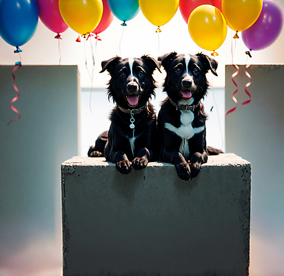 JPG 편집이미지 반려견 두마리 앉기 사람없음 장식 개 강아지 디지털합성 풍선 단상 보더콜리 편집소스 편집실사 AI포토 AI콘텐츠 2 포유류 모션 반려동물 CG 콜리 파일형식