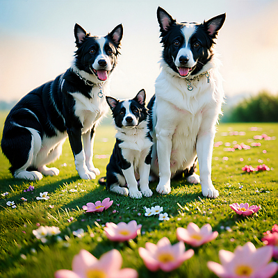 JPG 편집이미지 꽃 반려견 세마리 초원 사람없음 야외 개 강아지 디지털합성 보더콜리 동물가족 편집소스 편집실사 AI포토 AI콘텐츠 식물 포유류 가족 3 반려동물 CG 콜리 파일형식