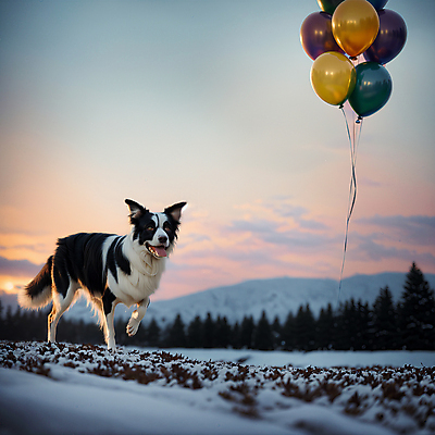 JPG 편집이미지 한마리 반려견 사람없음 야외 달리기 노을 설원 개 강아지 떠있는 디지털합성 풍선 보더콜리 편집소스 편집실사 AI포토 AI콘텐츠 자연요소 1 포유류 모션 눈_날씨 반려동물 CG 콜리 파일형식