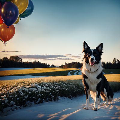 JPG 편집이미지 한마리 반려견 앉기 사람없음 야외 설원 개 강아지 디지털합성 풍선 보더콜리 편집소스 편집실사 AI포토 AI콘텐츠 1 포유류 모션 눈_날씨 반려동물 CG 콜리 파일형식