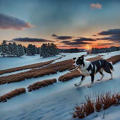 JPG 나무 편집이미지 한마리 반려견 사람없음 야외 걷기 노을 설원 풀 개 강아지 디지털합성 보더콜리 편집소스 편집실사 AI포토 AI콘텐츠 자연요소 식물 1 포유류 모션 눈_날씨 반려동물 CG 콜리 파일형식