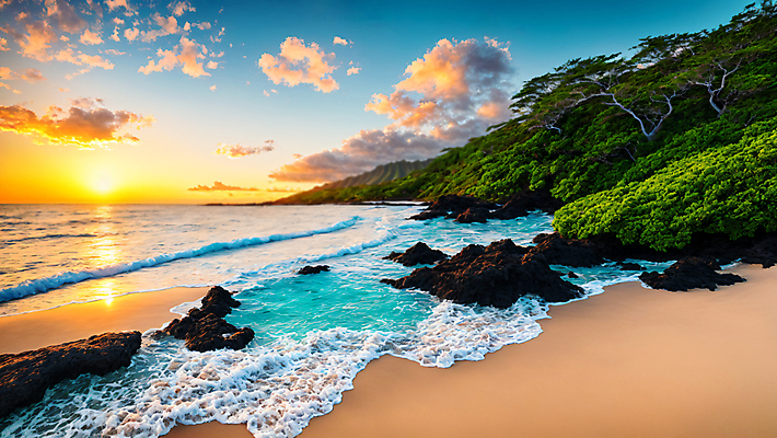 JPG 나무 구름 편집이미지 파도 섬 자연 하늘 산 풍경 해변 사람없음 햇빛 노을 일몰 하와이 편집실사 AI포토 AI콘텐츠 자연요소 식물 바다 태양 미국 CG 생태계 파일형식