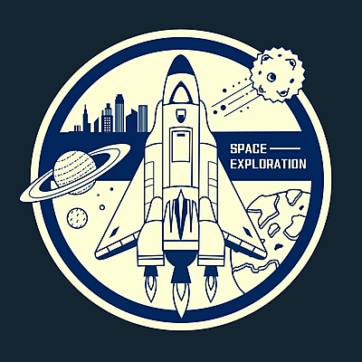 일러스트 사람없음 파란색 라벨 행성 로켓 흰색 원형 우주선 복고 운석 우주탐험 국내일러스트 AI파일 도형 컬러 프레임 우주 파일형식 벡터
