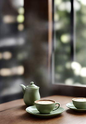 JPG 편집이미지 음료 탁자 주전자 실내 사람없음 디지털합성 보케 라떼 말차 편집소스 말차라떼 편집실사 AI포토 AI콘텐츠 커피 가구 주방용품 내부 차_음료 CG 파일형식