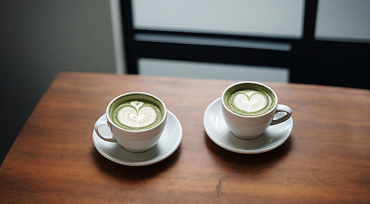 JPG 편집이미지 음료 탁자 실내 사람없음 하트 디지털합성 라떼 라떼아트 말차 편집소스 말차라떼 편집실사 AI포토 AI콘텐츠 모양 커피 가구 내부 차_음료 CG 그림 파일형식