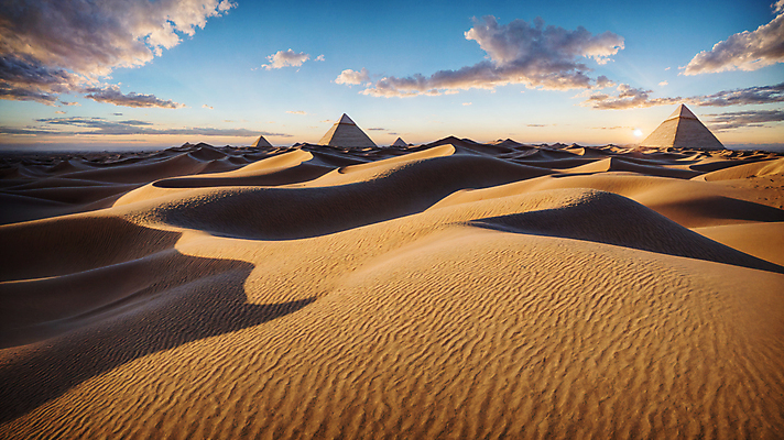 JPG 주간 구름 편집이미지 모래 하늘 풍경 사람없음 야외 사막 모래언덕 디지털합성 피라미드 편집소스 편집실사 AI포토 AI콘텐츠 자연요소 건축물 언덕 CG 랜드마크 파일형식
