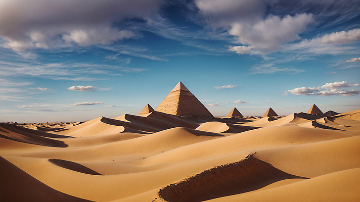 JPG 주간 구름 편집이미지 모래 하늘 풍경 사람없음 야외 사막 모래언덕 디지털합성 피라미드 편집소스 편집실사 AI포토 AI콘텐츠 자연요소 건축물 언덕 CG 랜드마크 파일형식