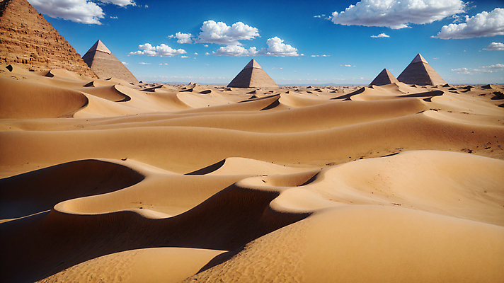 JPG 주간 구름 편집이미지 모래 하늘 풍경 사람없음 야외 사막 모래언덕 디지털합성 피라미드 편집소스 편집실사 AI포토 AI콘텐츠 자연요소 건축물 언덕 CG 랜드마크 파일형식
