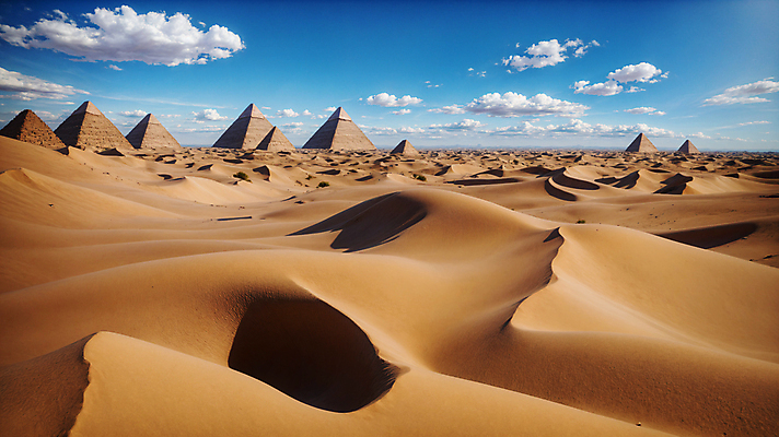 JPG 주간 구름 편집이미지 모래 하늘 풍경 사람없음 야외 사막 모래언덕 디지털합성 피라미드 편집소스 편집실사 AI포토 AI콘텐츠 자연요소 건축물 언덕 CG 랜드마크 파일형식