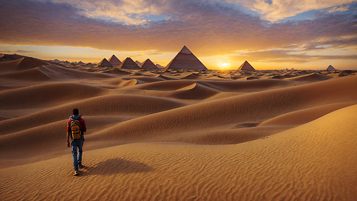 JPG 주간 전신 편집이미지 남자 모래 하늘 한명 풍경 성인 야외 노을 사막 모래언덕 디지털합성 피라미드 성인남자한명만 편집소스 편집실사 AI인물포토 AI콘텐츠 자연요소 1 건축물 사람 언덕 CG 랜드마크 남자한명만 성인남자만 파일형식 AI포토