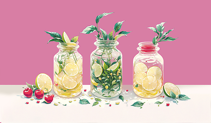 JPG 분홍색 잎 일러스트 탁자 유리병 사람없음 노란색 꽃병 체리 레몬 담기 정물화 국내일러스트 AI일러스트 AI콘텐츠 식물 꽃 컬러 가구 과일 모션 병_용기 그림 파일형식