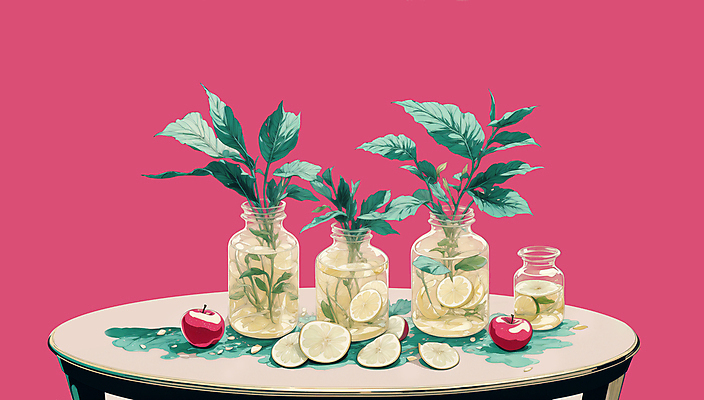 JPG 분홍색 잎 일러스트 유리병 사람없음 노란색 꽃병 사과 레몬 원형탁자 정물화 국내일러스트 AI일러스트 AI콘텐츠 식물 꽃 컬러 과일 탁자 병_용기 그림 파일형식