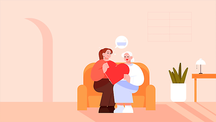 전신 여자 노년 할머니 분홍색 들기 앉기 성인 두명 소파 화목 다정 의료진 하트 방문 도우미 돌봄 여자만 돌봄서비스 모션그래픽 MP4 MOV 모양 직업 컬러 컨셉 의자 의학 모션 사람 서비스 동영상 파일형식