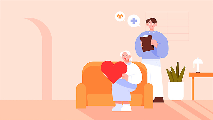 전신 여자 노년 남자 할머니 분홍색 서기 들기 앉기 성인 두명 소파 화목 다정 의료진 하트 방문 도우미 돌봄 서류판 돌봄서비스 모션그래픽 MP4 MOV 모양 직업 컬러 컨셉 의자 의학 모션 사람 사무용품 서비스 동영상 파일형식