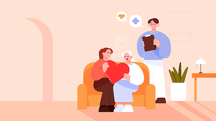 전신 여자 노년 남자 할머니 분홍색 서기 들기 앉기 성인 세명 소파 화목 다정 의료진 하트 방문 도우미 돌봄 서류판 돌봄서비스 모션그래픽 MP4 MOV 모양 직업 컬러 컨셉 의자 의학 모션 사람 사무용품 서비스 동영상 파일형식