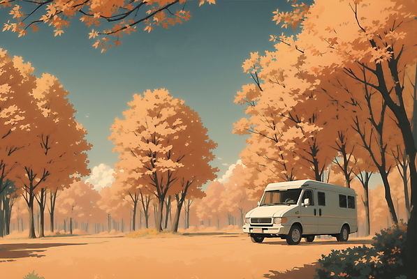 JPG 나무 일러스트 자연 아웃도어 풍경 초원 사람없음 주황색 캠핑 나뭇가지 숲 캠핑카 국내일러스트 AI일러스트 AI콘텐츠 식물 컬러 자동차 레저 생태계 파일형식