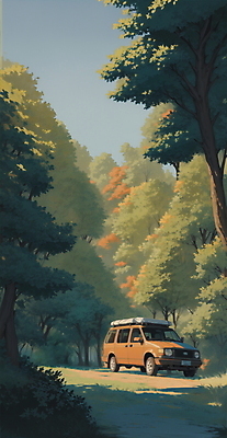 JPG 나무 일러스트 자연 아웃도어 풍경 사람없음 초록색 캠핑 숲 캠핑카 국내일러스트 AI일러스트 AI콘텐츠 식물 컬러 자동차 레저 생태계 파일형식