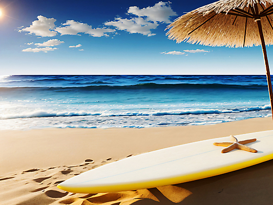 JPG 주간 구름 편집이미지 바다 불가사리 해변 사람없음 야외 태양 파라솔 서핑보드 디지털합성 편집실사 AI포토 AI콘텐츠 자연요소 극피동물 보드_스포츠 CG 파일형식