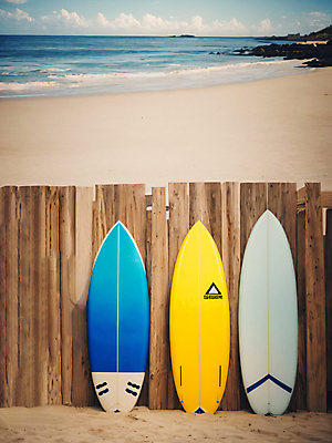 JPG 주간 편집이미지 바다 해변 사람없음 야외 여름 서핑보드 서핑 디지털합성 일렬 편집실사 AI포토 AI콘텐츠 자연요소 계절 수상스포츠 보드_스포츠 CG 파일형식