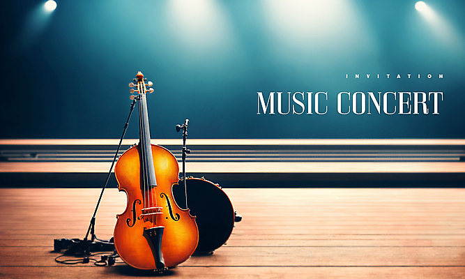 PSD 편집이미지 현악기 조명 사람없음 콘서트 무대 바이올린 마이크 초대장 음악회 이미지편집 악기 음향기기 카드_감사 공연 파일형식