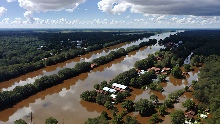 JPG 주간 나무 구름 편집이미지 하늘 산 주택 풍경 사람없음 야외 마을 홍수 자연재해 디지털합성 기후변화 기후위기 편집실사 AI포토 AI콘텐츠 자연요소 식물 날씨 건물 변화 CG 재해 위기 파일형식