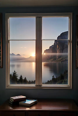 JPG 편집이미지 호수 창문 자연 하늘 산 실내 풍경 사람없음 책 일몰 디지털합성 편집소스 편집실사 AI포토 AI콘텐츠 내부 노을 CG 생태계 파일형식