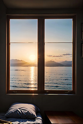 JPG 편집이미지 바다 창문 베개 자연 하늘 산 실내 풍경 사람없음 태양 일몰 디지털합성 편집소스 편집실사 AI포토 AI콘텐츠 자연요소 침구 내부 노을 CG 생태계 파일형식